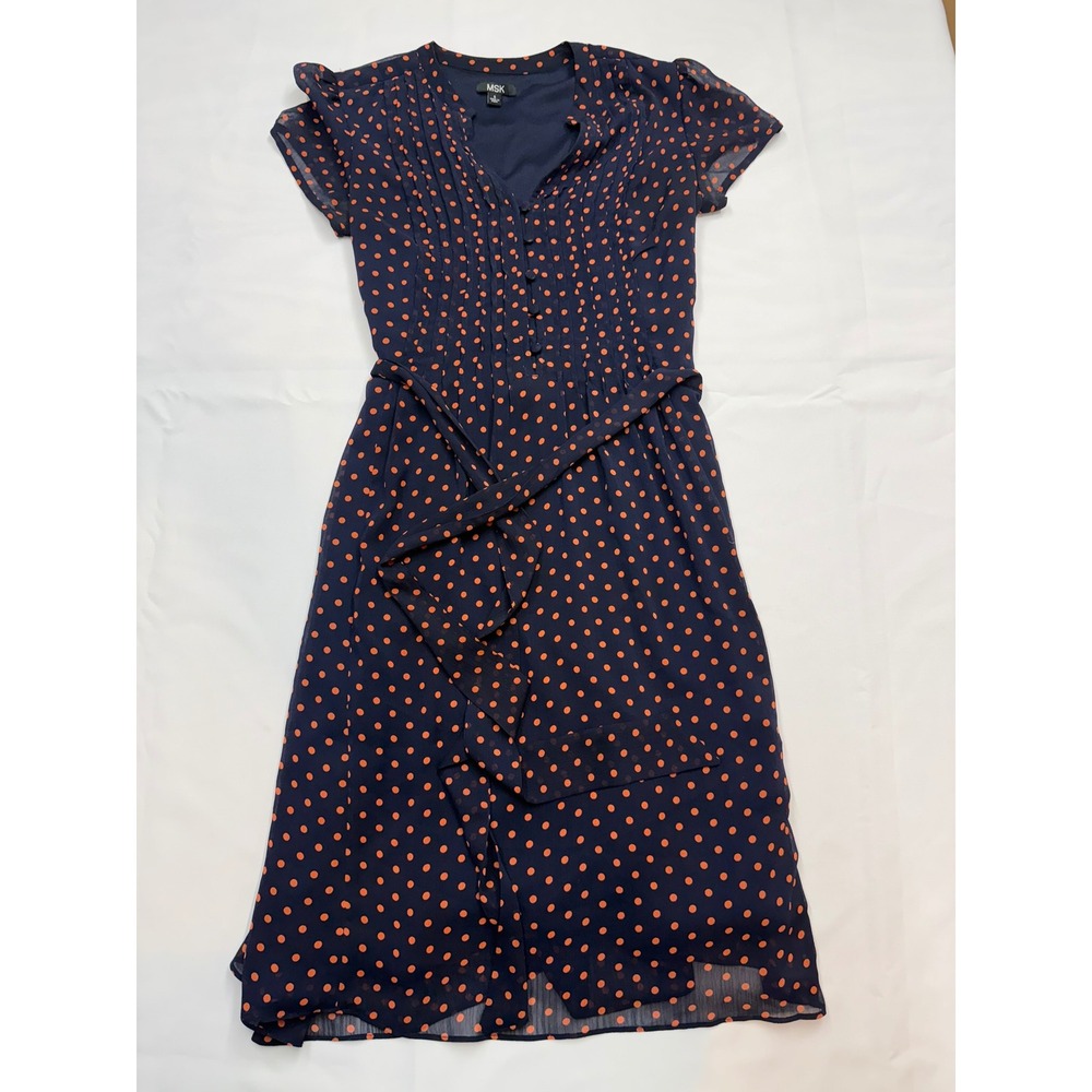 MKS Womens 6 Blue Orange Polka Dot Belt Short Sleeve Midi Lightweight Dress UU6